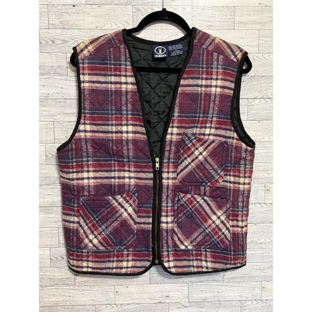 I Am Womens‎ Vintage Quilted Plaid Vest Burgundy Navy Cotton Full Zip Sz Small